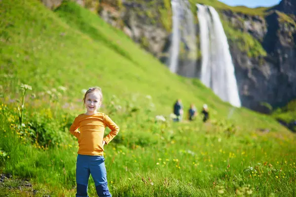 Sevgili anaokulu kızı Thingvellir Ulusal Parkı, İzlanda 'da Seljalandsfoss' un yanında eğleniyor.