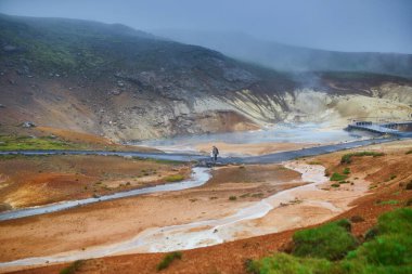 İzlanda 'daki Krisuvik-Seltun Jeotermal Kaplıcaları bölgesinde faal fümerollerden dolayı renkli toprak