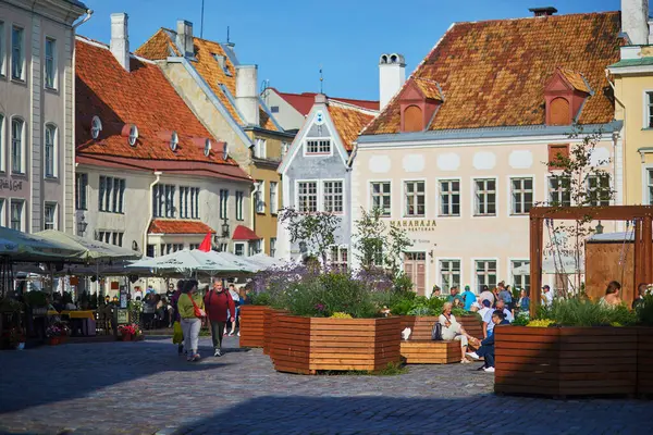 TALLINN, ESTONIA - 19 AĞUSTOS 2024: Tallinn, Estonya 'nın tarihi merkezinde yürüyen insanlar