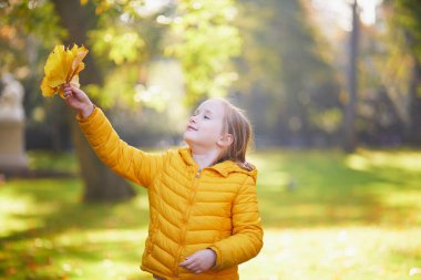 Neşeli küçük kız Paris, Fransa 'daki sonbahar parkında yürüyüşünün tadını çıkarıyor.