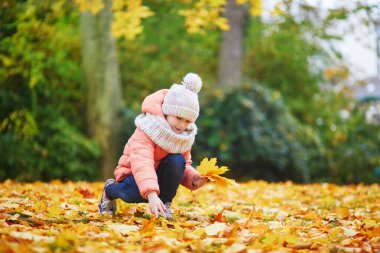 Neşeli küçük kız Paris, Fransa 'daki sonbahar parkında yürüyüşünün tadını çıkarıyor.