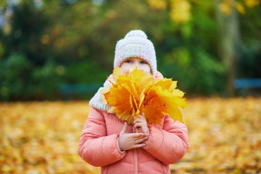 Neşeli küçük kız Paris, Fransa 'daki sonbahar parkında yürüyüşünün tadını çıkarıyor.