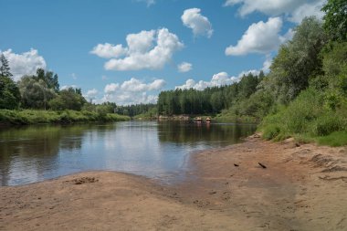 Letonya 'daki Gauja Nehri kıyısı manzarası.