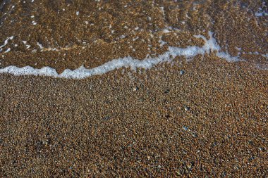 Baltık Denizi kıyısında çakıl taşları üzerinde beyaz köpük çizgisi.