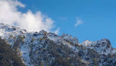 Irkis Vadisi 'nden, Arkhyz' den, Karachay-Cherkessia 'dan, Kuzey Kafkasya' dan. Mavi gökyüzü ve bulutlarıyla karlı dağ vadisi ve Kafkasya 'da Psysh nehrinin yakınında güzel bir orman. Alp manzarası.