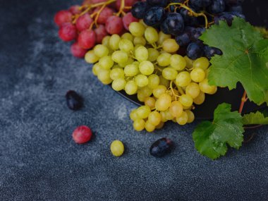 Bahar mevsiminde hasat zamanı. Ekin ve meyve suyu, organik mavi, kırmızı ve yeşil üzümler yukarıdan bakıldığında, konsept şarap
