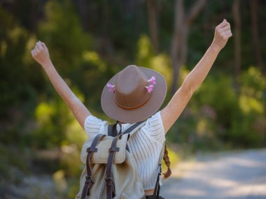 Beyaz, kızıl, genç, güzel, sırt çantalı, ormanda tek başına seyahat eden bir kadın. Çekici gezgin, tatil gezisi sırasında doğa ormanında mutluluk ve eğlenceyle yürürken etrafına bakar ve keşfederdi..