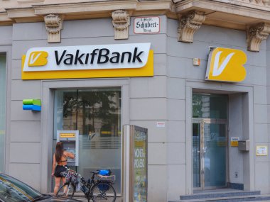Vienna, Austria - August 7, 2022 : facade with logo of Vakif Bank. the third largest Turkish bank in terms of assets. Began work April 13, 1954.