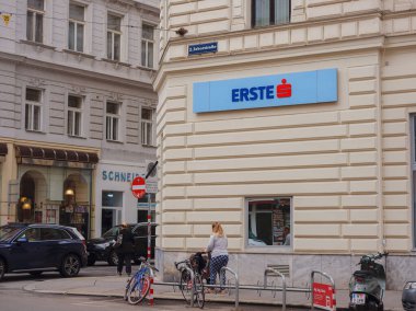 Vienna, Austria - August 8, 2022 : facade with logo of Erste Bank is an Austrian retail bank headquartered in Vienna, Austria, oldest bank of financial group Erste Group Bank AG.