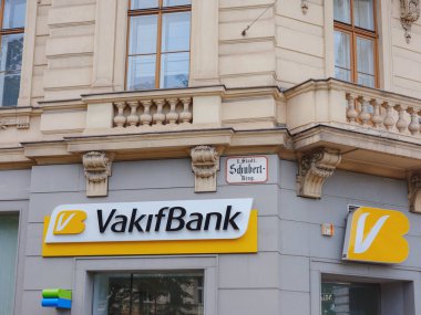 Vienna, Austria - August 7, 2022 : facade with logo of Vakif Bank. the third largest Turkish bank in terms of assets. Began work April 13, 1954.