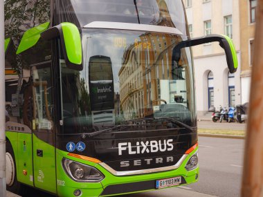 Vienna, Austria - August 7, 2022 : Front of Setra bus with logo of Flixbus company. flixbus is the famous intercity travel company