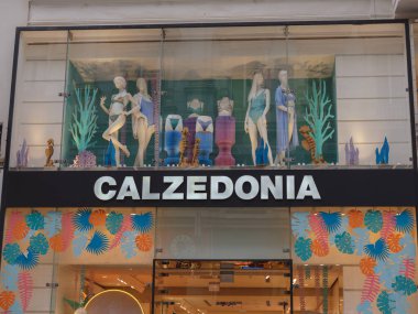 Vienna, Austria - August 8, 2022: Calzedonia logo on store. Calzedonia is Italian fashion brand that sells bathing suits, tights, and leggings