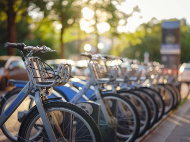 Munich, Germany - August 4, 2022 : Rental bikes on the parking. traffic, city transport and people concept