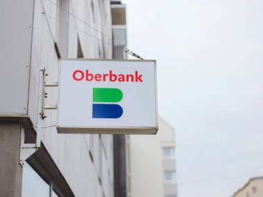 Linz, Austria - August 6, 2022 : facade with logo of Oberbank AG is a regional bank based in Linz and owned by 3-Banken-Gruppe.