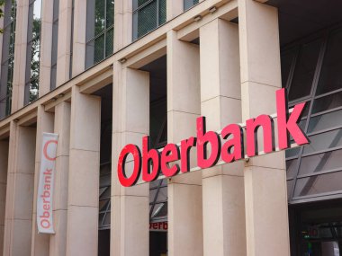 Vienna, Austria - August 7, 2022 : facade with logo of Oberbank AG is a regional bank based in Linz and owned by 3-Banken-Gruppe.
