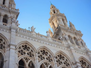 Scenic view of Viena capital, impressive gothic architecture of City hall or Rathaus . Travel and landmarks of Austria, details and flowers