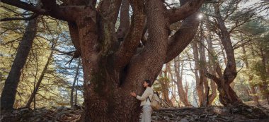 asian woman enjoys being in nature, beautiful forest in mountains. embracing fresh air and engaging in outdoor activities. Friluftsliv concept means spending as much time outdoors as possible