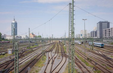 Munich, Germany - August 4, 2022 : Train line crossing near central trail station. S-Bahn tracks. Electric rail transit system in Munich