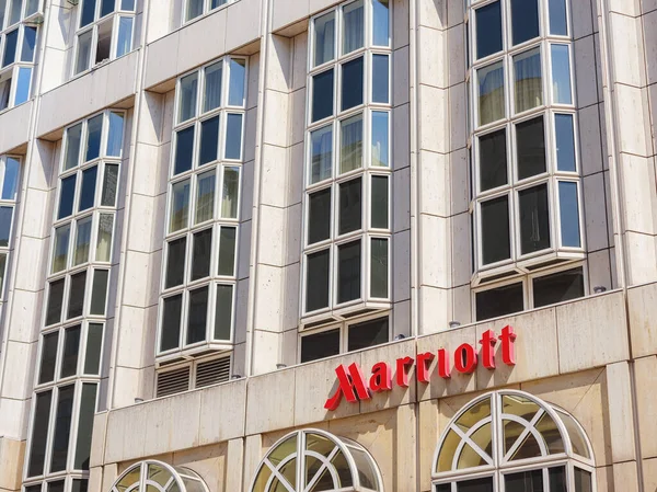 stock image Vienna, Austria - August 9, 2022: Sign Marriott on the hotel. Marriott International, Inc. is an American diversified hospitality company that manages and franchises hotels.