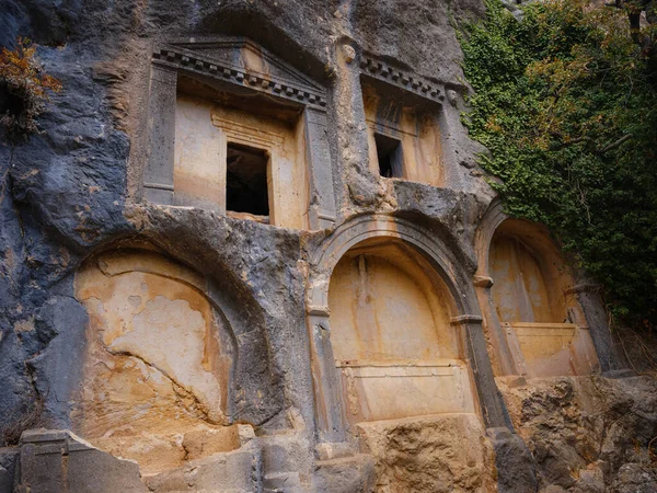 stock image Sarcophagus or rock tombs in ruins of the ancient city of Termessos without tourists near Antalya, Turkey