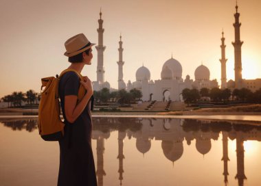 Birleşik Arap Emirlikleri 'ne seyahat, Wahat Al Karama ya da Haysiyet Vahası' nda sırt çantası ve şapkası olan mutlu Asyalı genç bayan gezgin şehitleri için kalıcı anıt ve Shaikh Zayed Büyük Camii..