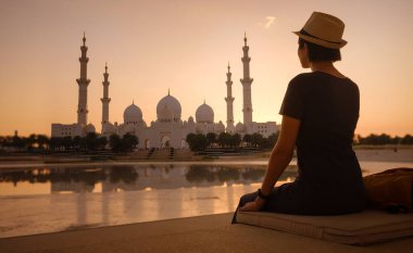 Birleşik Arap Emirlikleri 'ne seyahat, Wahat Al Karama ya da Haysiyet Vahası' nda sırt çantası ve şapkası olan mutlu Asyalı genç bayan gezgin şehitleri için kalıcı anıt ve Shaikh Zayed Büyük Camii..