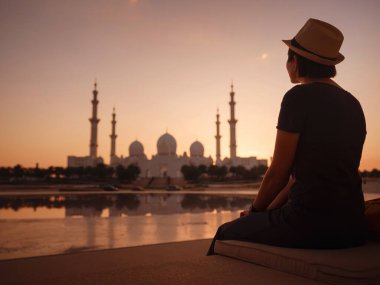 Birleşik Arap Emirlikleri 'ne seyahat, Wahat Al Karama ya da Haysiyet Vahası' nda sırt çantası ve şapkası olan mutlu Asyalı genç bayan gezgin şehitleri için kalıcı anıt ve Shaikh Zayed Büyük Camii..