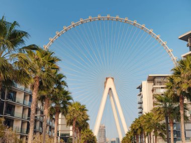 Dubai, Birleşik Arap Emirlikleri, 26 Mart 2023: Meraas tarafından Blue Water 'da bulunan dünyanın en uzun dönme dolabının gün batımı manzarası..