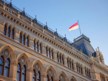 Scenic view of Viena capital, impressive gothic architecture of City hall or Rathaus . Travel and landmarks of Austria, details and flowers and flag of Vienna on buildings