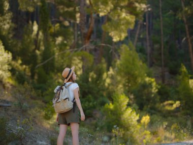 Beyaz, kızıl, genç, güzel, sırt çantalı, ormanda tek başına seyahat eden bir kadın. Çekici gezgin, tatil gezisi sırasında doğa ormanında mutluluk ve eğlenceyle yürürken etrafına bakar ve keşfederdi..