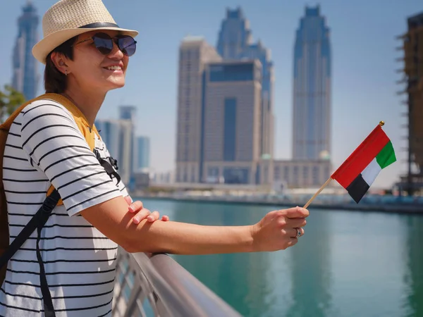 Asian Happy Traveler Woman Hat Yellow Backpack Flag United Arab — Stock Photo, Image