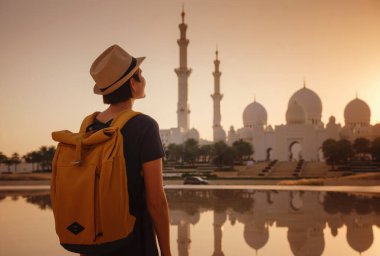 Birleşik Arap Emirlikleri 'ne seyahat, Wahat Al Karama ya da Haysiyet Vahası' nda sırt çantası ve şapkası olan mutlu Asyalı genç bayan gezgin şehitleri için kalıcı anıt ve Shaikh Zayed Büyük Camii..