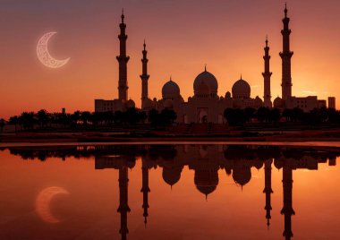 Ramazan Kareem geçmişi. Şeyh Zayed Hilal Ay 'lı büyük cami, Abu Dabi. Birleşik Arap Emirliklerinin başkenti. Müslüman Tatilleri için İslami Tebrik Kartları.