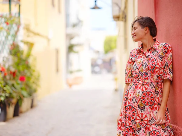 Summer Trip Rhodes Island Greece Young Asian Woman Ethnic Red — Stock Photo, Image
