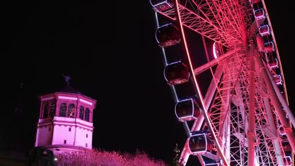 Giant Ferris Wiel Düsseldorf Het Centrum Van Stad Kerstmis Nacht — Stockvideo