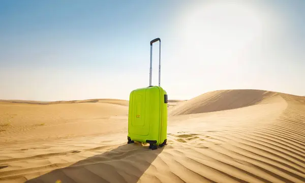 Bright Light Green Yellow Suitcase Sands Desert Dunes Concept Idea — Stock Photo, Image