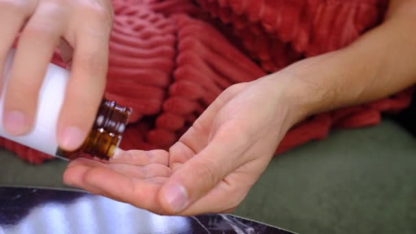 Adult Sick Ill Man Hold Pills Hand Pouring Capsules Meds — Stock Video
