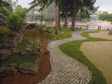 Japanese garden in Vienna (inside Botanical garden): Japanese maple, topiary small pine trees, stepping stones, moss, small stream among trees clipart