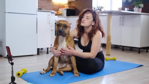 Femme Pratiquant Exercice Yoga Maison Avec Chien Sur Sol Belle — Video