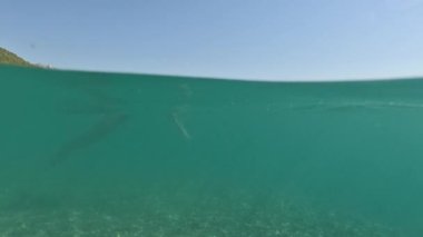 Deniz yazı manzarası. Seyahat ve tatil konsepti. Bikini giymiş kadınların tamamı, mavi denizde güneş ışınlarıyla suya dalıyor, Antalya 'da yaz tatili, Türkiye' de deniz kıyısında.