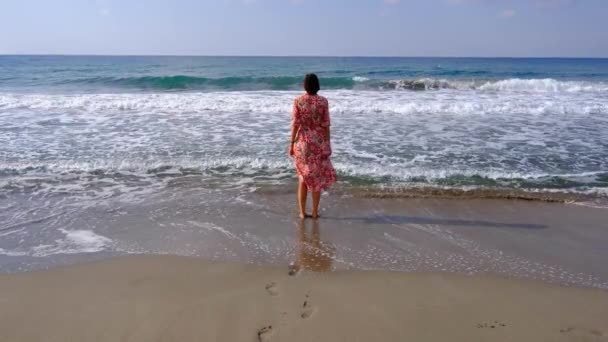 Женщина Плавном Платье Прогулки Вдоль Пляжа Средиземном Море Patara Пляж — стоковое видео