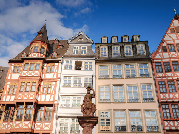 Frankfurt am Main, Germany - May 5, 2023: beautiful old Historic district - Roemerberg square in old town of Frankfurt is fifth-largest city in Germany.