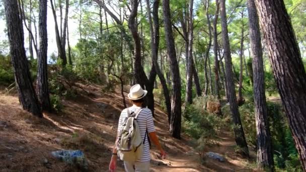 Wędrówki Kobieta Plecakiem Kapeluszem Spaceruje Ścieżką Leśną Pobliżu Morza Turcji — Wideo stockowe