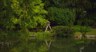 Viyana 'da bir yaz günü Japon parkı. Zetagaya Parkı, nisandan ekim ayına kadar halka açık kiraz ağaçları ve balık havuzlu küçük, sessiz bir Japon bahçesidir..