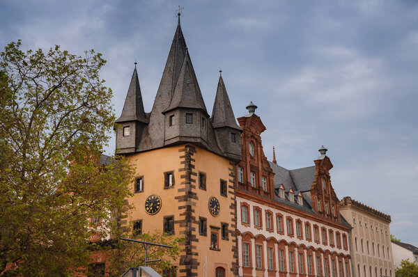 Spring trip to Europe. beautiful old German cities, Travel and German sightseeing locations. scenic view to facade of old historic houses somewhere in Frankfurt city