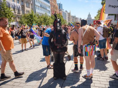 Prag, Çek Cumhuriyeti - 12 Ağustos 2023: Prag Onur Festivali Geçidi. Gökkuşağı ve diğer LGBTQ özellikleri ile parlak ve mutlu geçit ziyaretçileri