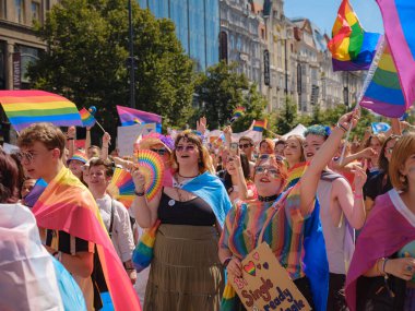 Prag, Çek Cumhuriyeti - 12 Ağustos 2023: Prag Onur Festivali Geçidi. Gökkuşağı ve diğer LGBTQ özellikleri ile parlak ve mutlu geçit ziyaretçileri, kalabalık sahnede performansı seviyor