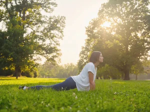 Genç Asyalı bir kadın sabah ya da akşam parkta yoga yapıyor sağlıklı bir kadın şehir parkında Upward Facing Dog Poose 'da dinleniyor. Farkındalık, kararlılık, sağlıklı alışkanlıklar ve denge konsepti