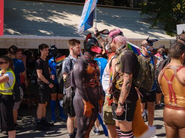 Prag, Çek Cumhuriyeti - 12 Ağustos 2023: Eski şehir merkezinde gurur ayı. Deri ve fetiş insanlarla sokaklarda köpek kostümü giymiş gay gururu ayı geçidi
