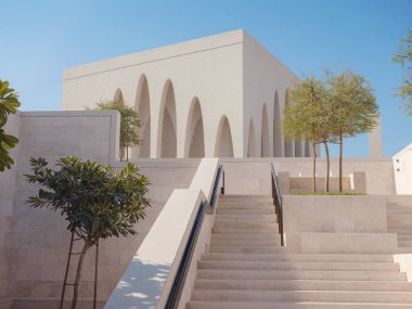 Abu Dabi, Birleşik Arap Emirlikleri - 13 Ocak 2024: The Abrahamic Family House 'daki cami, bir kilise ve Abu Dabi' deki Saadiyat Kültür Bölgesi 'ndeki bir sinagogu kapsar.